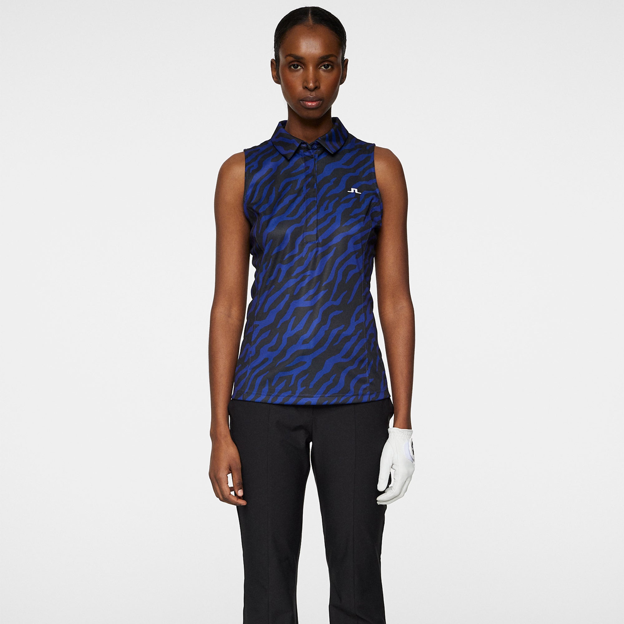 J Lindeberg Dena Print Ladies Sleeveless Golf Polo Shirt Tour Tiger Clematis